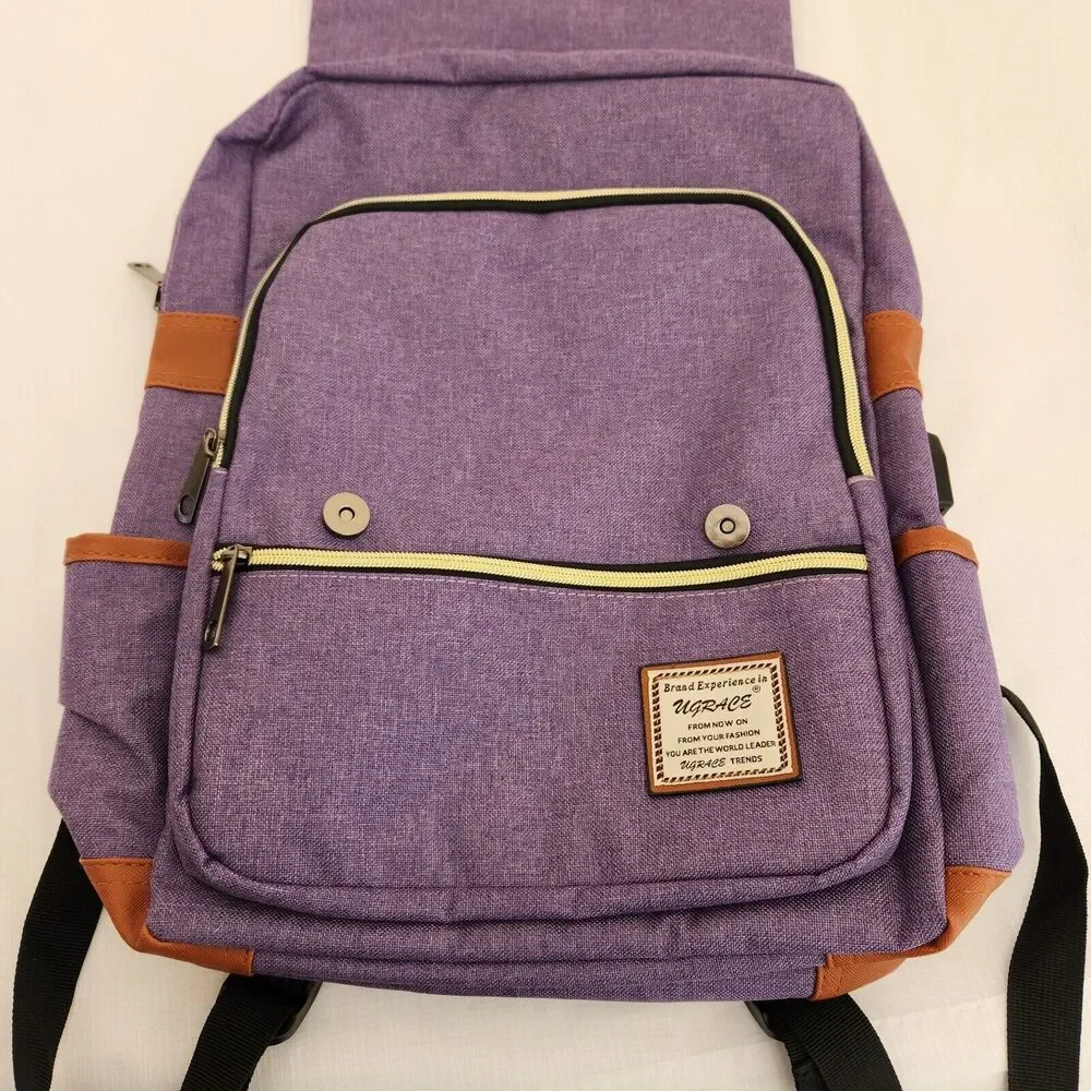 UGrace Backpack Laptop Travel ~ USB Charging Port Purple Canvas Water Resistant.